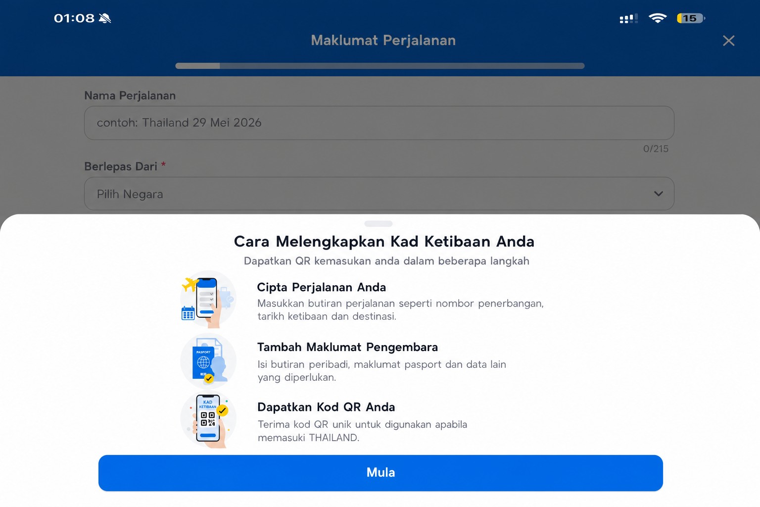 Skrin arahan kad ketibaan THIM yang telah dinyahsensitif