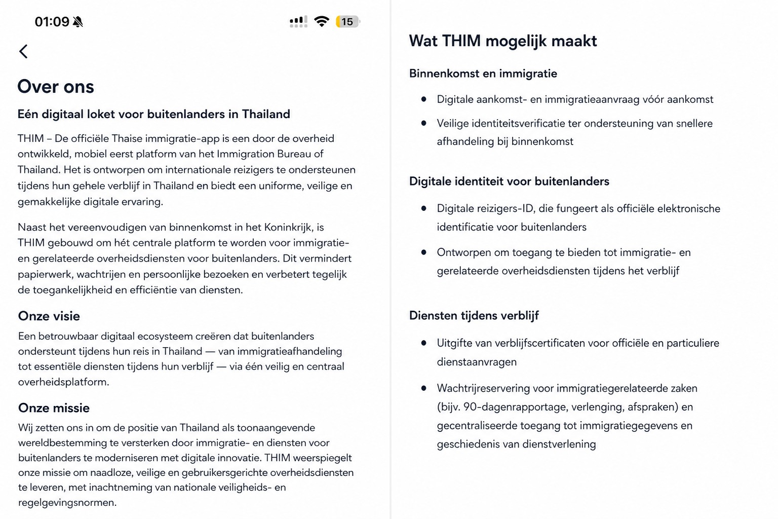 Geanonimiseerd THIM-over scherm waarin de officiële Thaise immigratie-app wordt beschreven