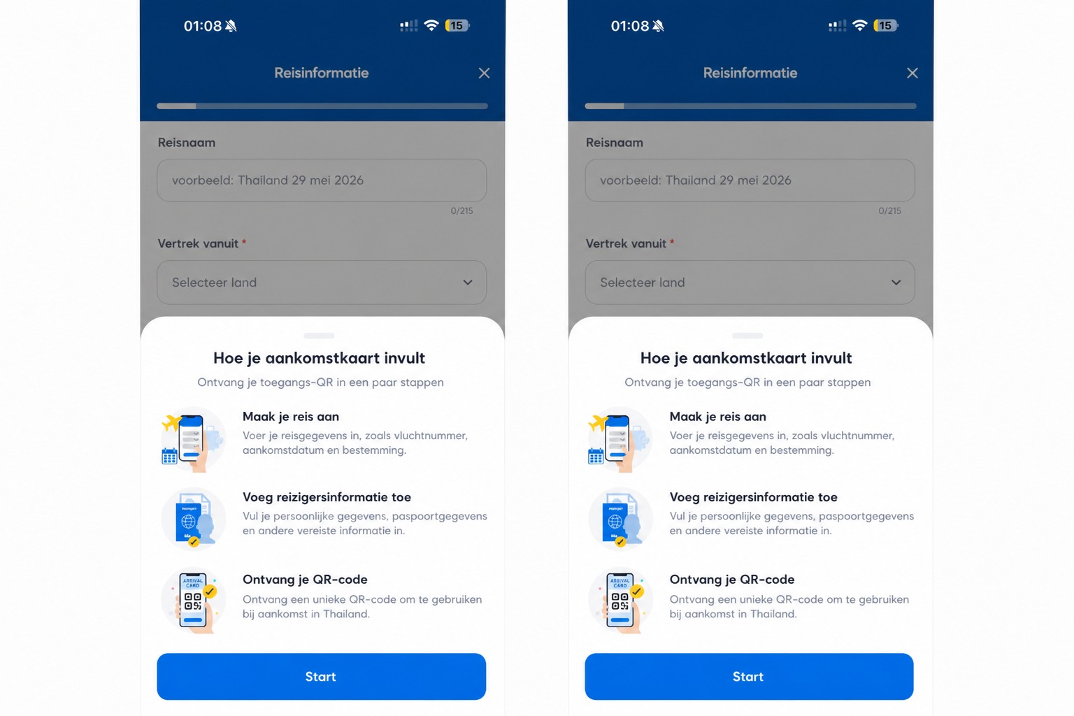 Geanonimiseerd THIM-instructiescherm voor het aankomstkaartje