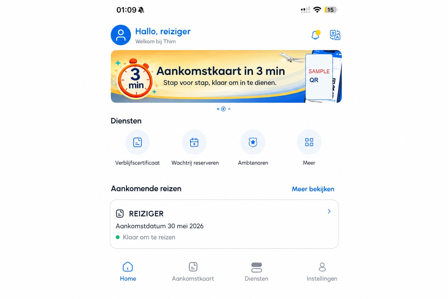 Geanonimiseerd THIM-startscherm met aankomstkaart en diensten