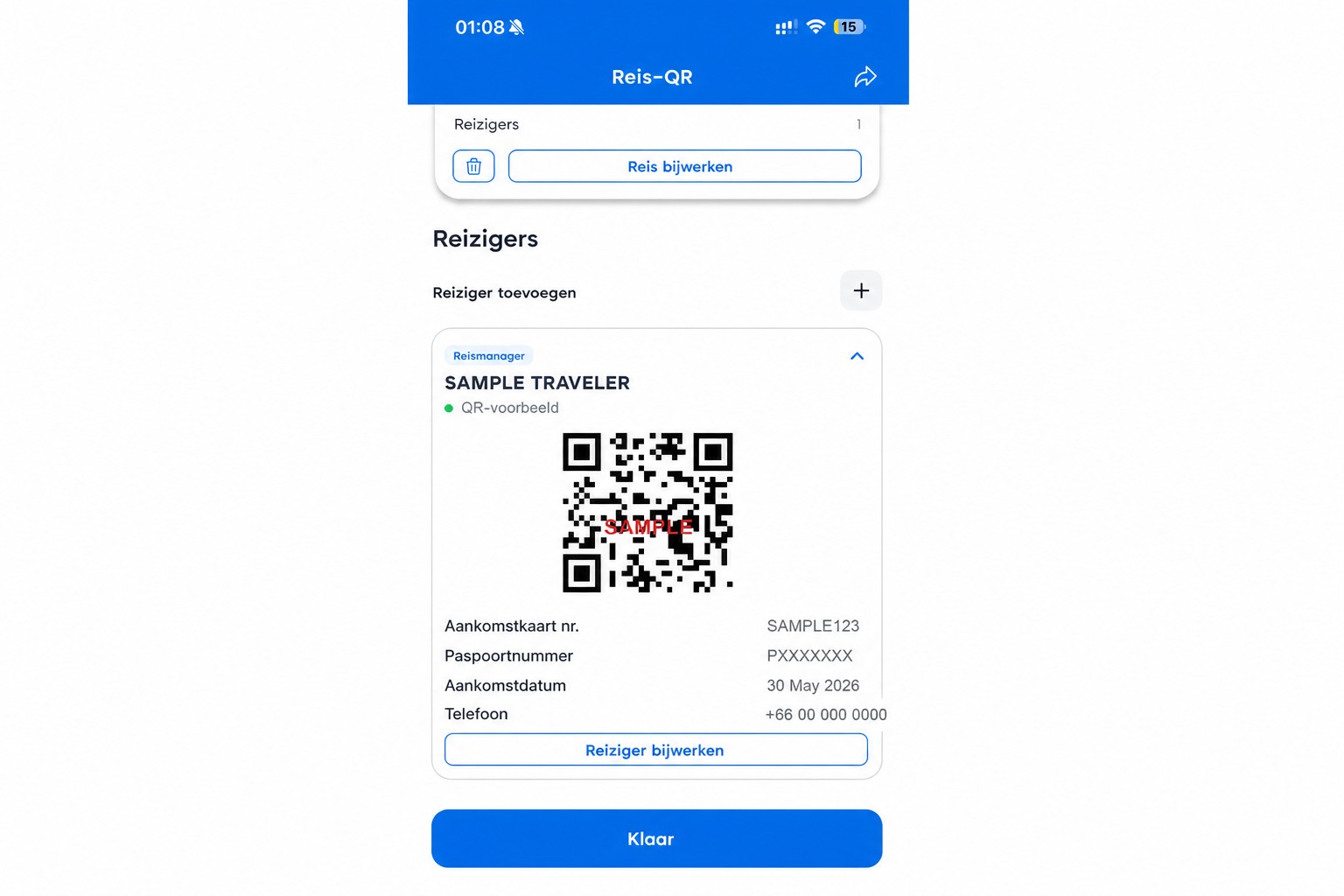 Geanonimiseerd THIM-QR-scherm met niet-functionele voorbeeld-QR-code