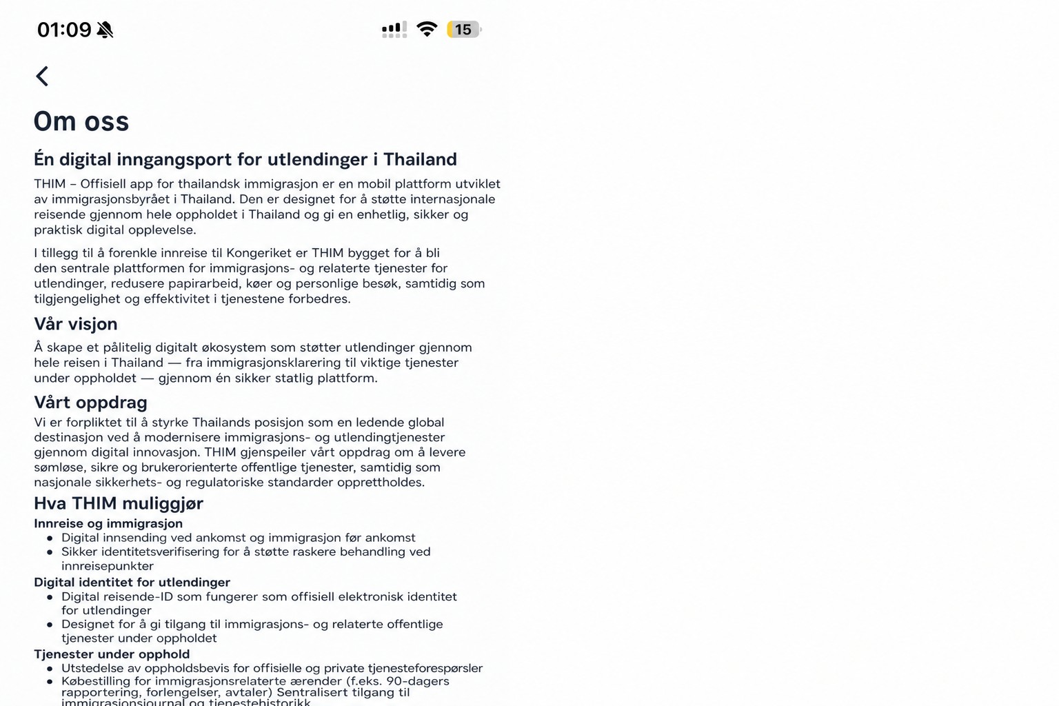 Sanert THIM-omskjerm som beskriver den offisielle thailandske immigrasjonsappen