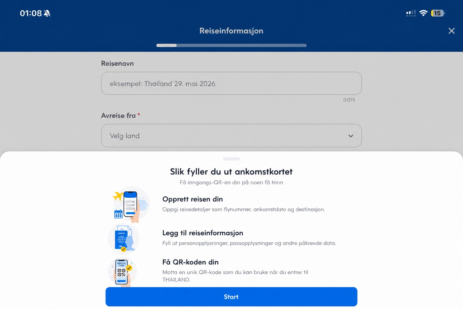 Sanert THIM-instruksjonsskjerm for ankomstkort