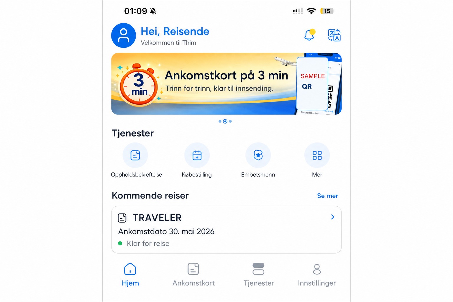 Sanert THIM-hjemskjerm som viser ankomstkort og tjenester