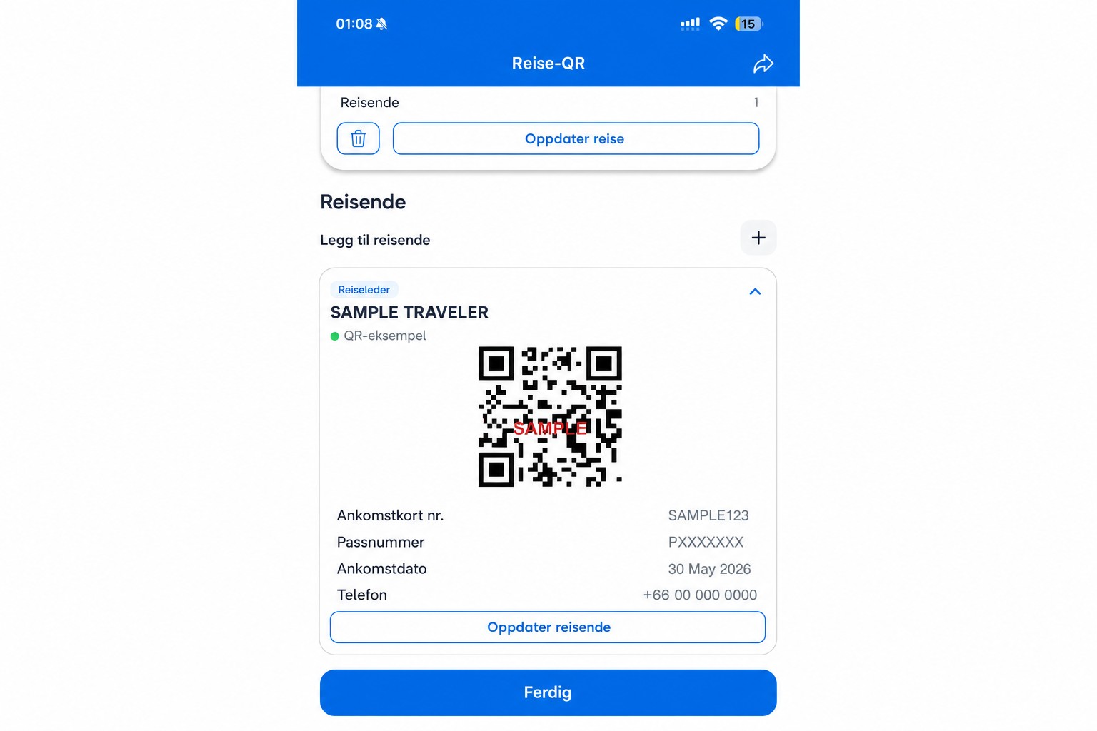 Sanert THIM-QR-skjerm med ikke-fungerende eksempel-QR-kode