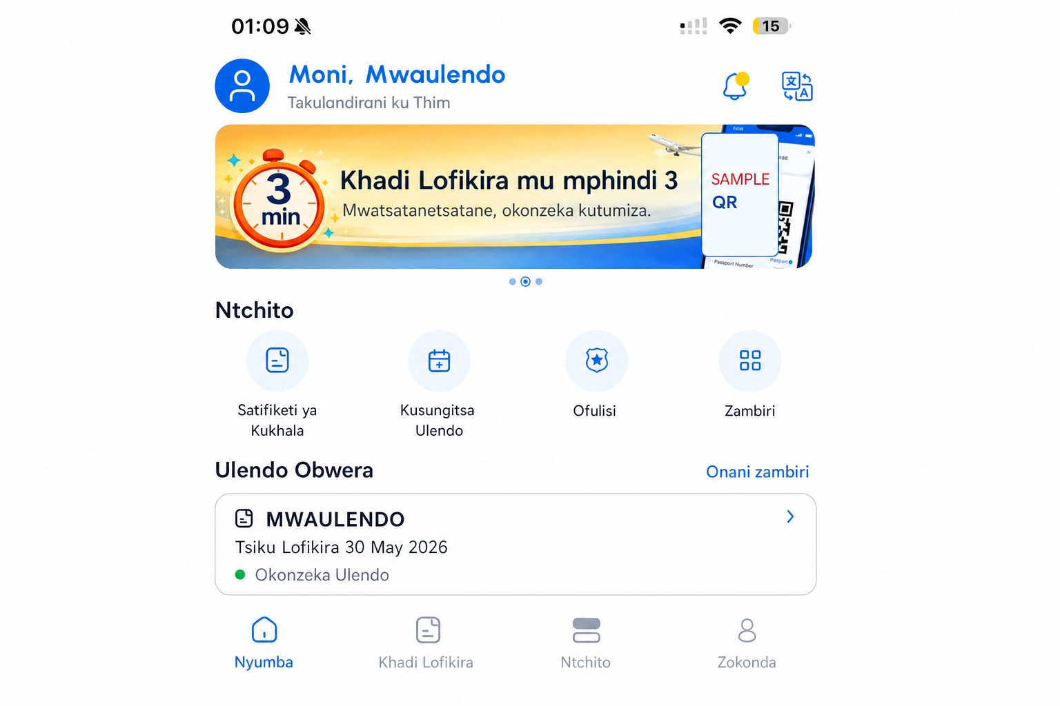 Chithunzi chosasindikizapo zinsinsi cha tsamba loyambilira la THIM loonetsa khadi lofikako ndi ntchito