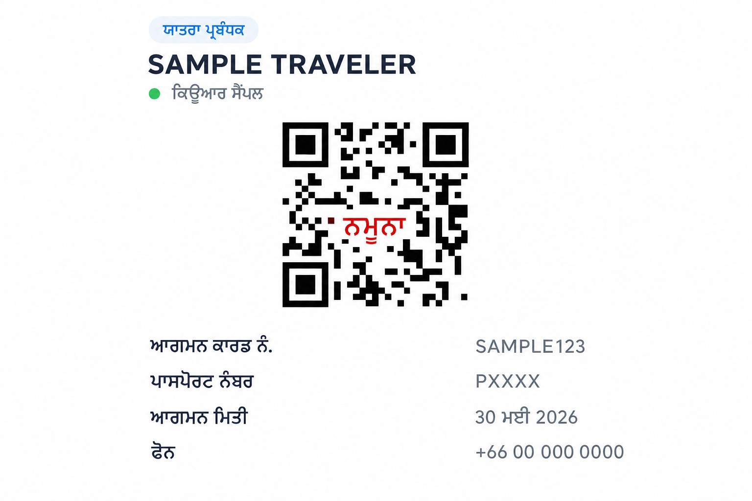 ਗੈਰ-ਕਾਰਗਰ ਨਮੂਨਾ QR ਕੋਡ ਸਮੇਤ THIM QR ਸਕ੍ਰੀਨ ਦੀ ਸੈਨਿਟਾਈਜ਼ਡ ਝਲਕ