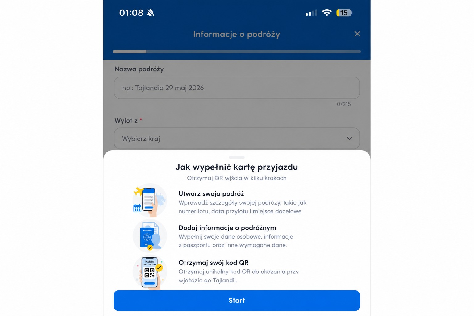 Zanonimizowany ekran instrukcji dotyczących karty przylotu w THIM