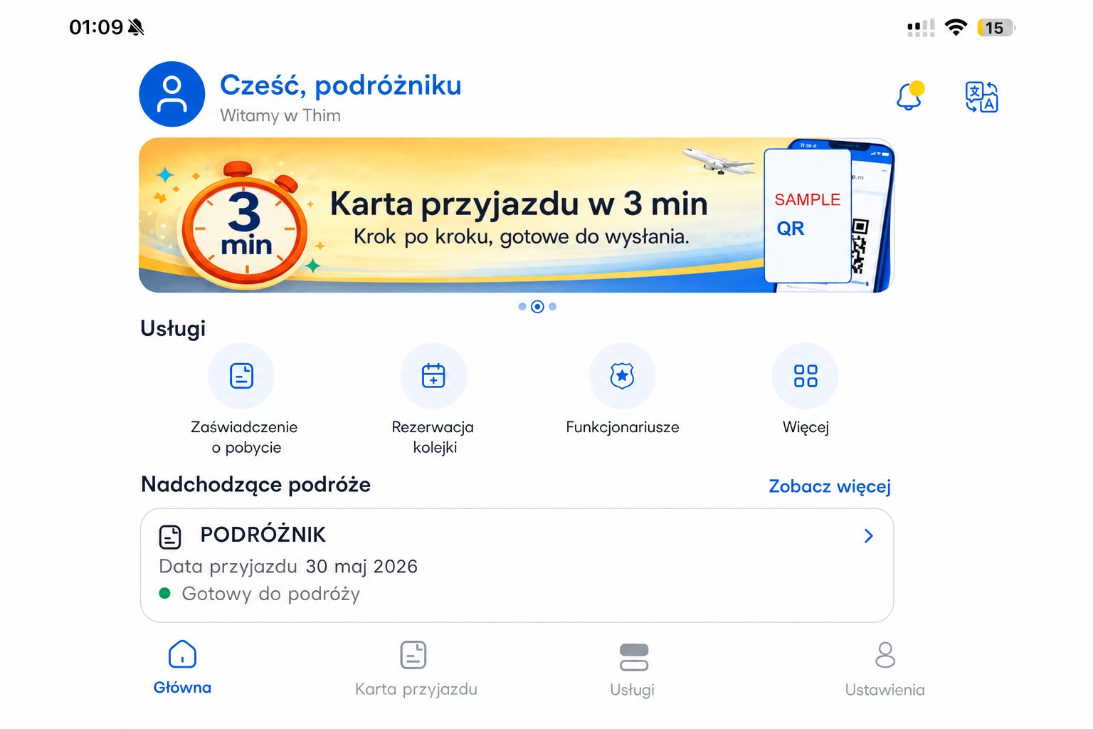 Zanonimizowany ekran główny THIM pokazujący kartę przylotu i usługi