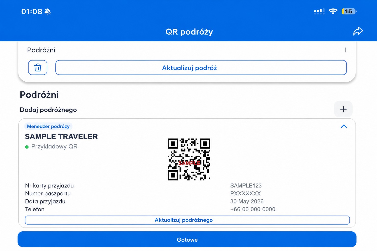 Zanonimizowany ekran QR THIM z niefunkcjonalnym przykładowym kodem QR