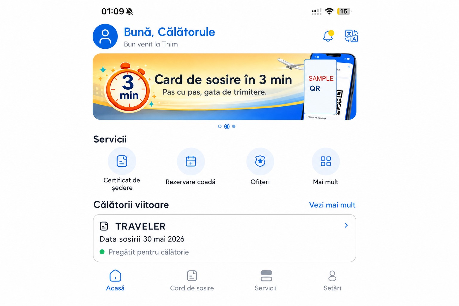 Ecran de pornire THIM anonimizat, care afișează cardul de sosire și serviciile
