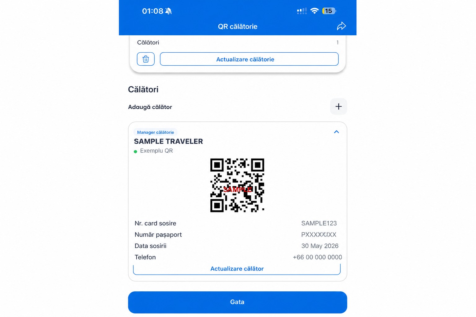 Ecran THIM cu cod QR anonimizat, cu un cod QR demonstrativ nefuncțional