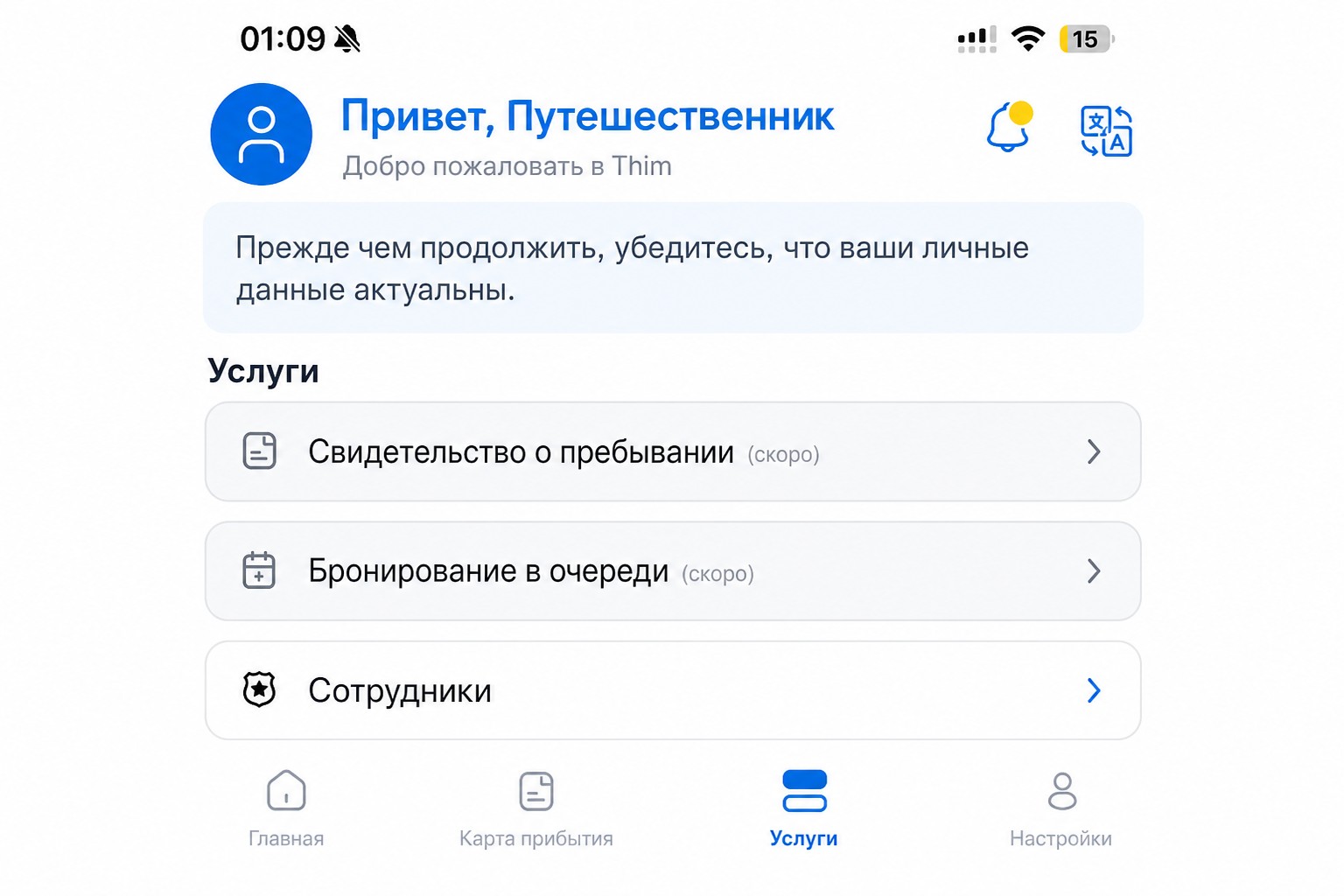 Обработанный экран услуг THIM