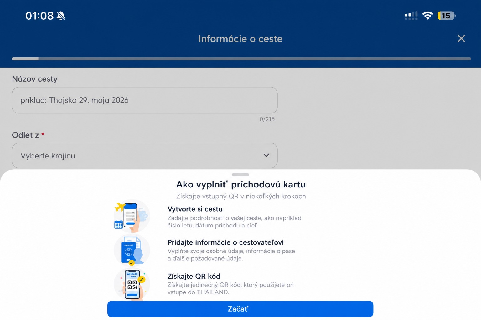 Upravená obrazovka s pokynmi k príletovej karte v THIM