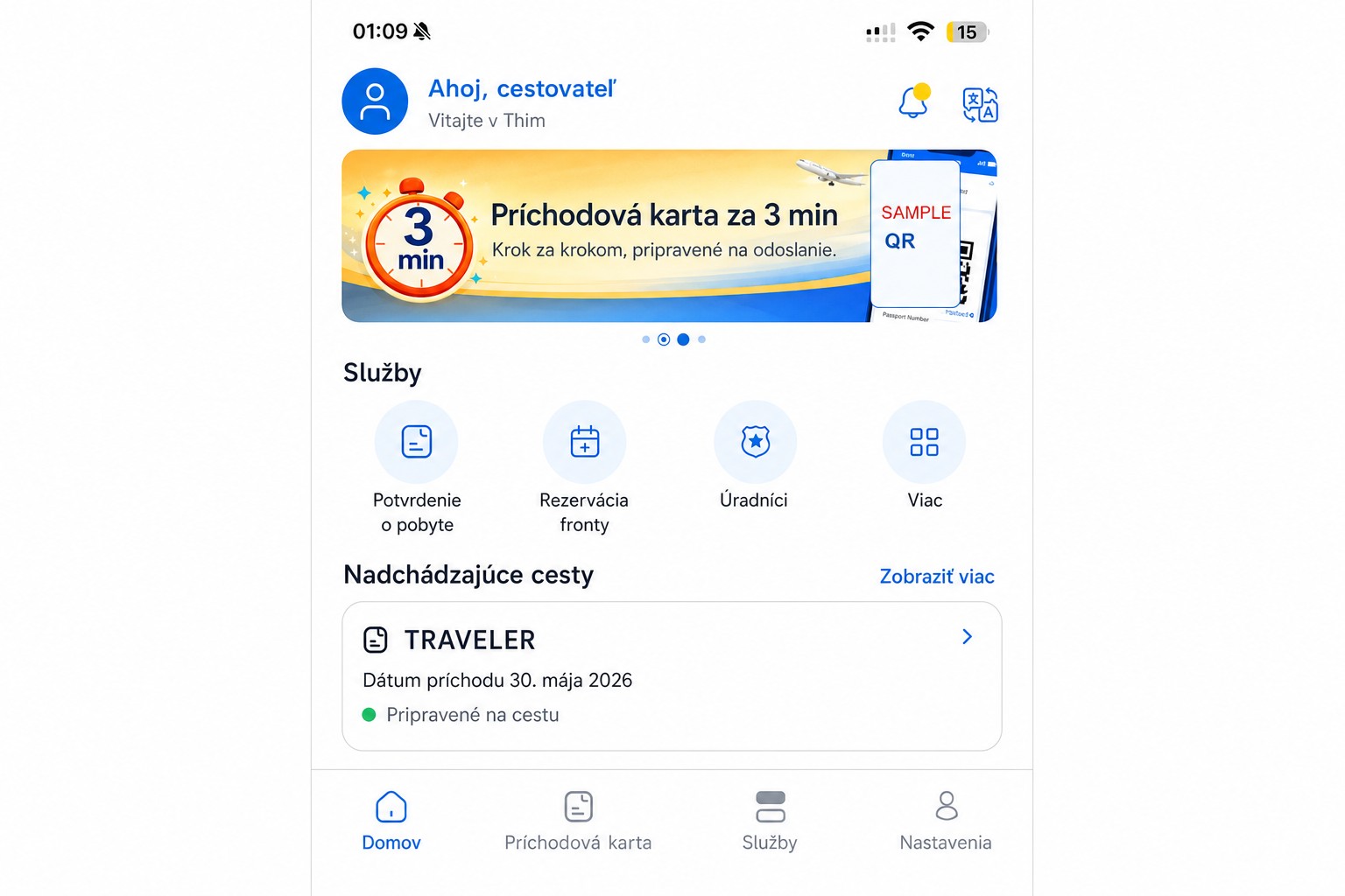 Upravená domovská obrazovka THIM zobrazujúca príletovú kartu a služby