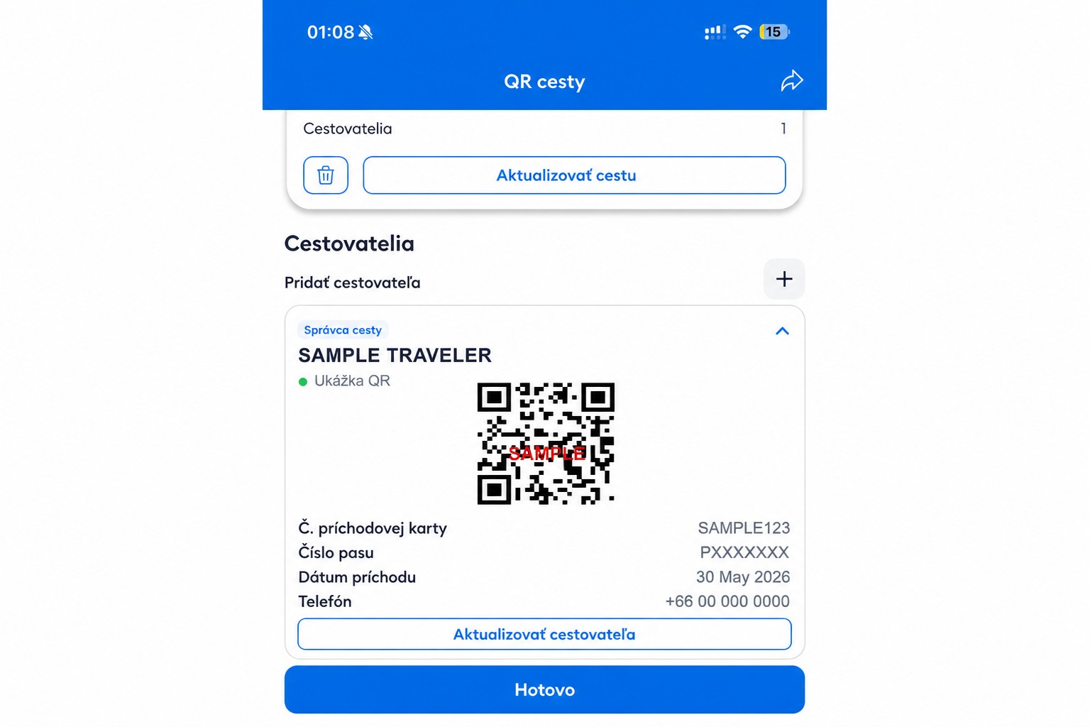 Upravená obrazovka QR v THIM s nefunkčným vzorovým QR kódom