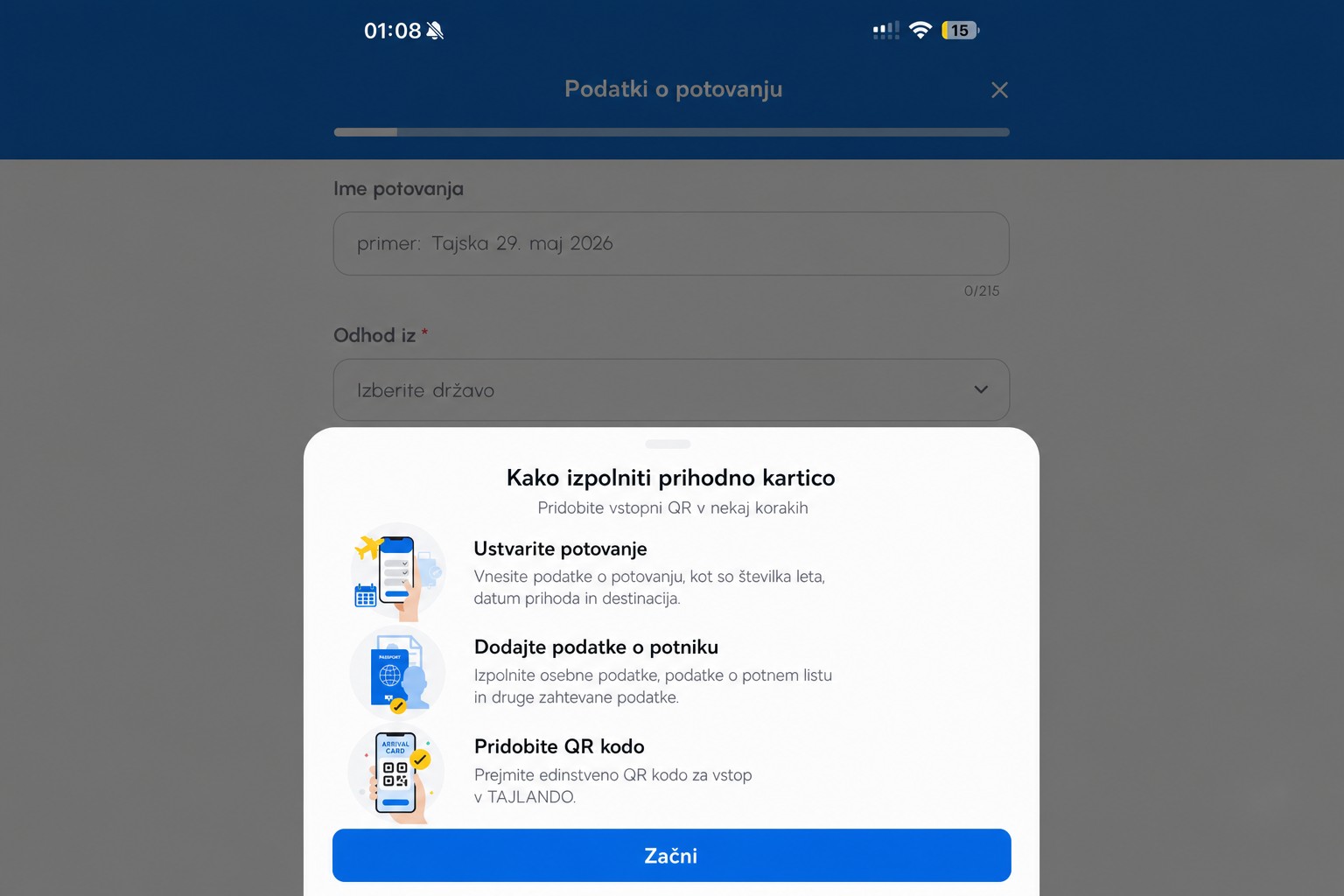Anonimiziran zaslon z navodili za vstopno kartico v THIM