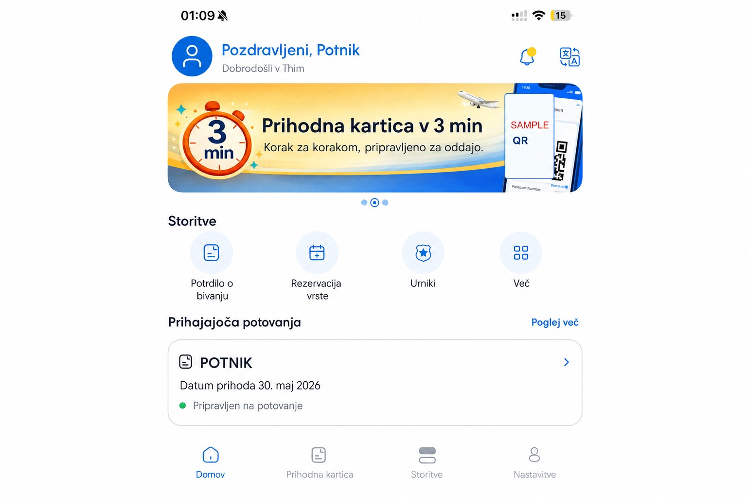 Anonimiziran začetni zaslon THIM s prikazom vstopne kartice in storitev