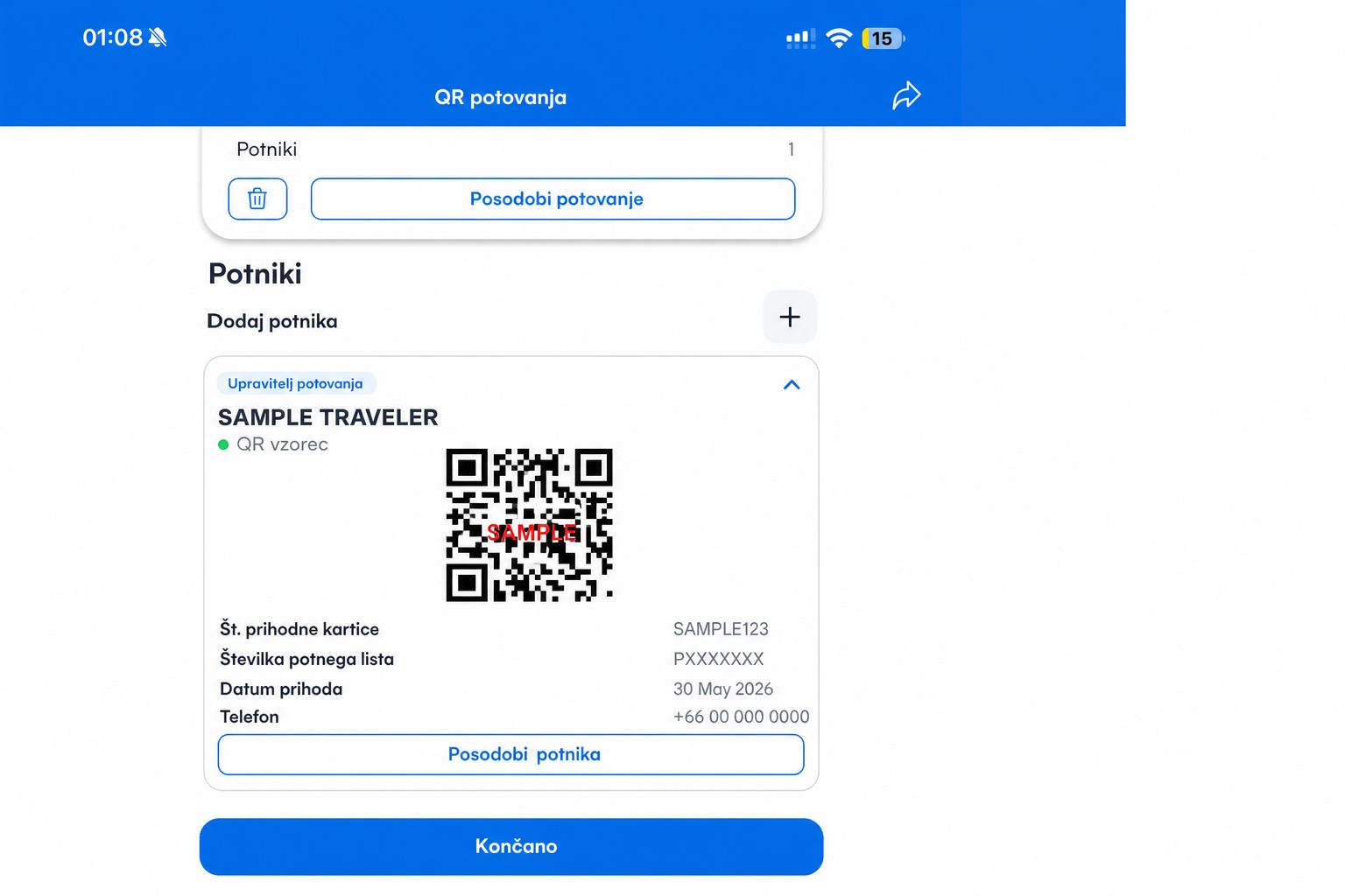 Anonimiziran zaslon THIM z nefunkcionalno vzorčno QR-kodo