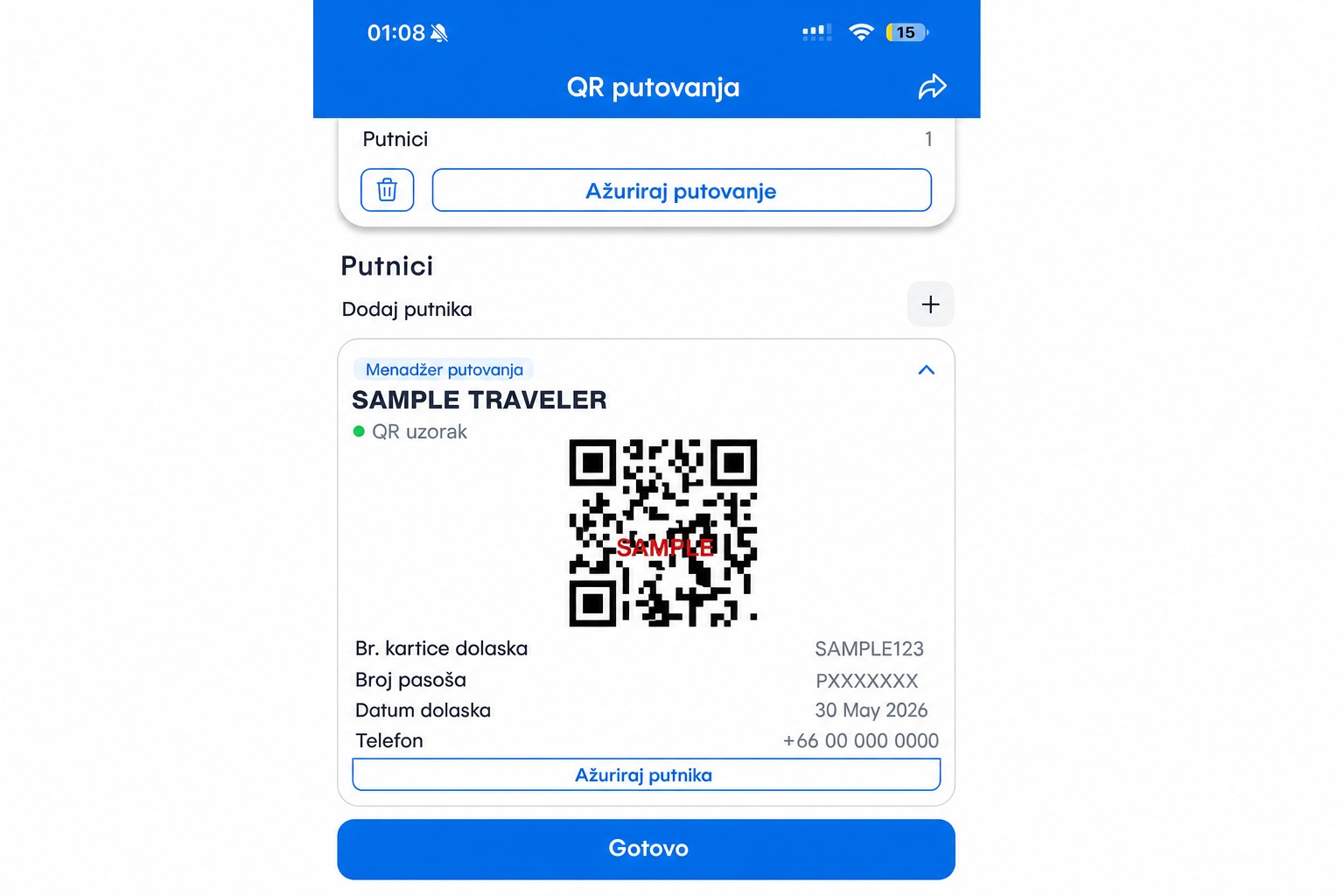 Anonimizovani THIM ekran sa QR kodom i nefunkcionalnim primerom QR koda