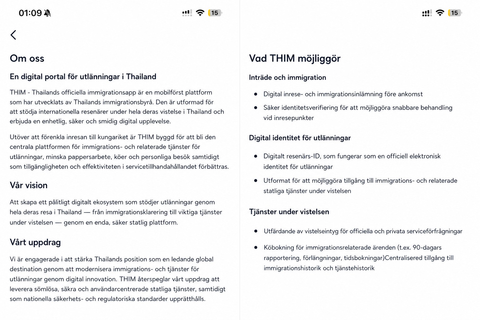 Rensad THIM-informationssida som beskriver den officiella thailändska immigrationsappen