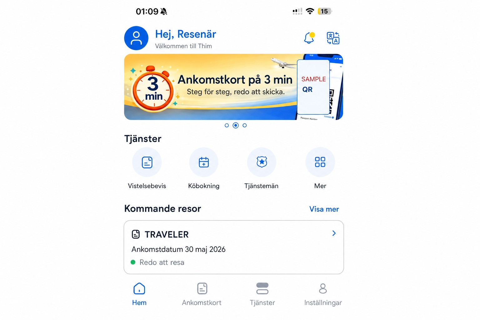 Rensad THIM-startskärm som visar ankomstkort och tjänster