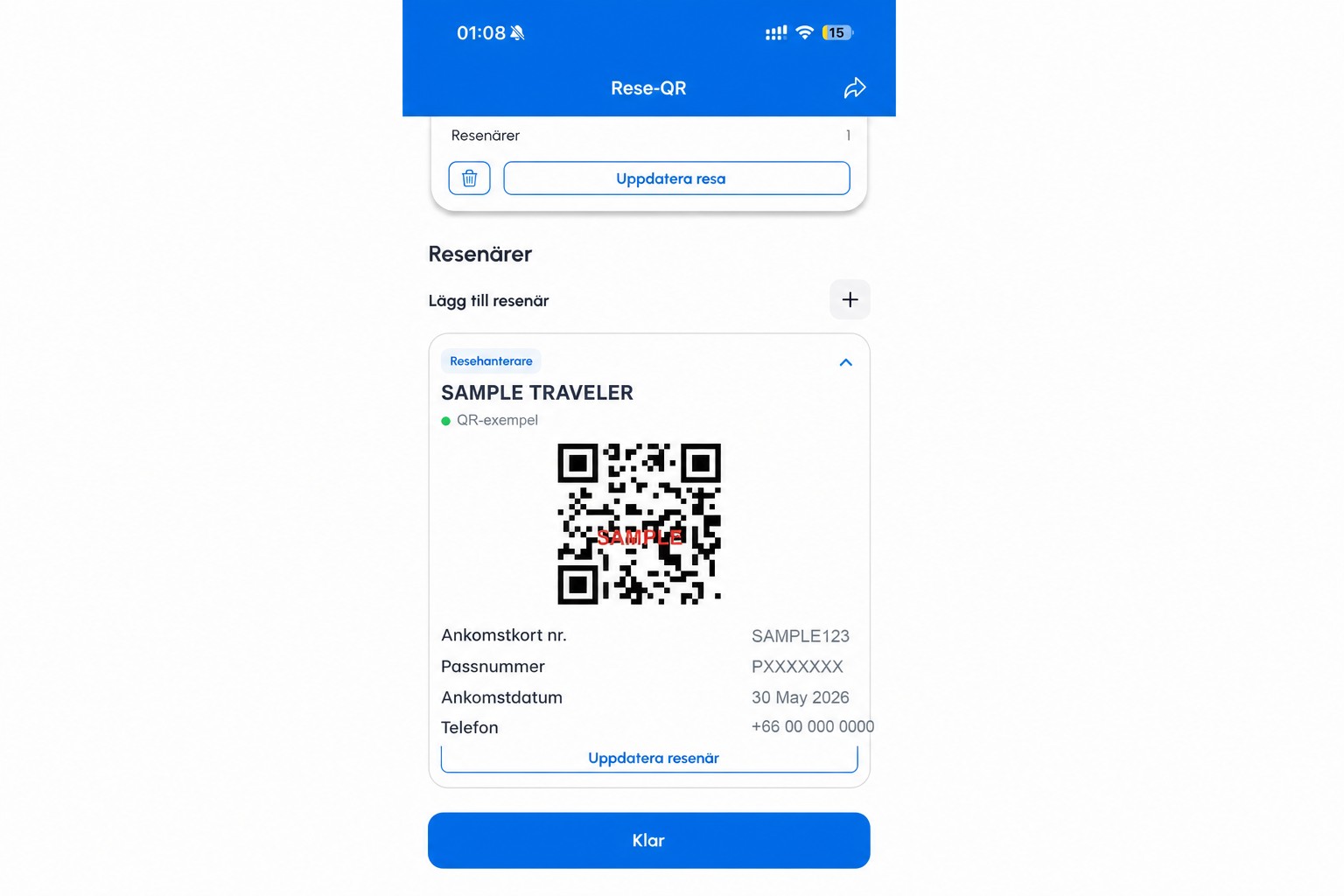 Rensad THIM QR-skärm med icke-funktionell exempel-QR-kod