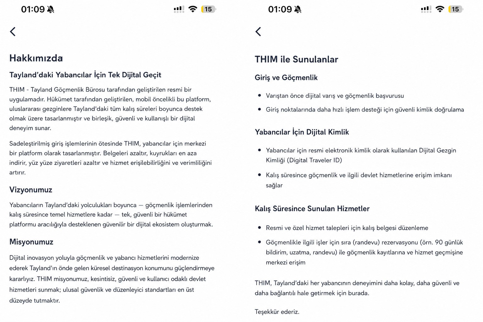 Resmî Tayland göç uygulamasını tanımlayan, temizlenmiş THIM hakkında ekranı