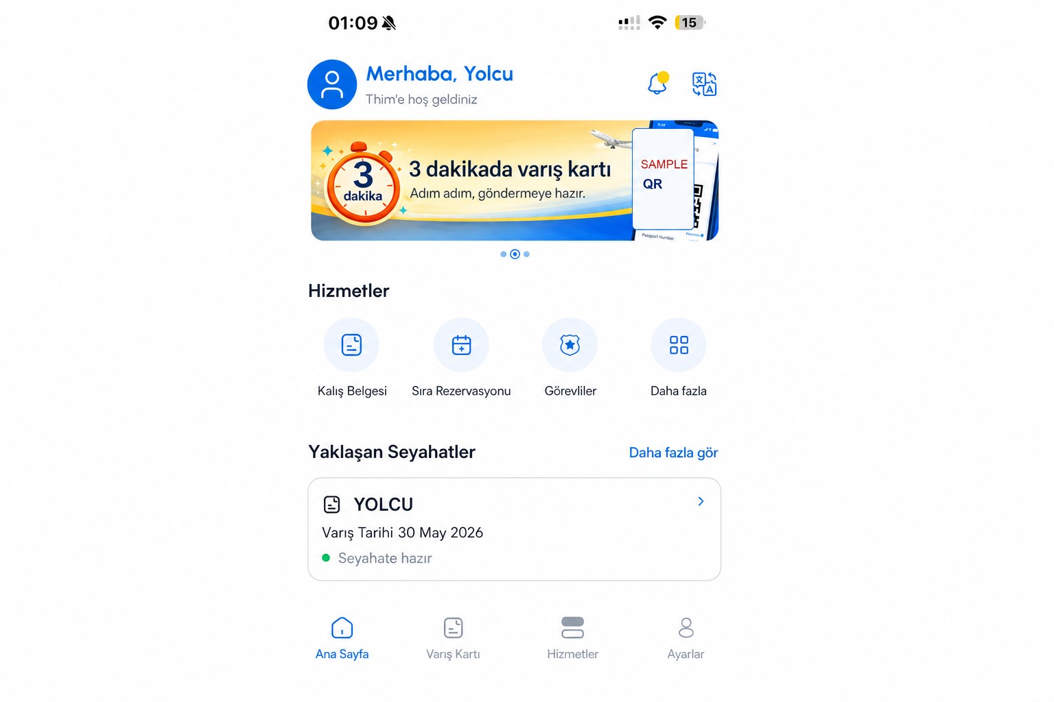Varış kartını ve hizmetleri gösteren, temizlenmiş THIM ana ekranı