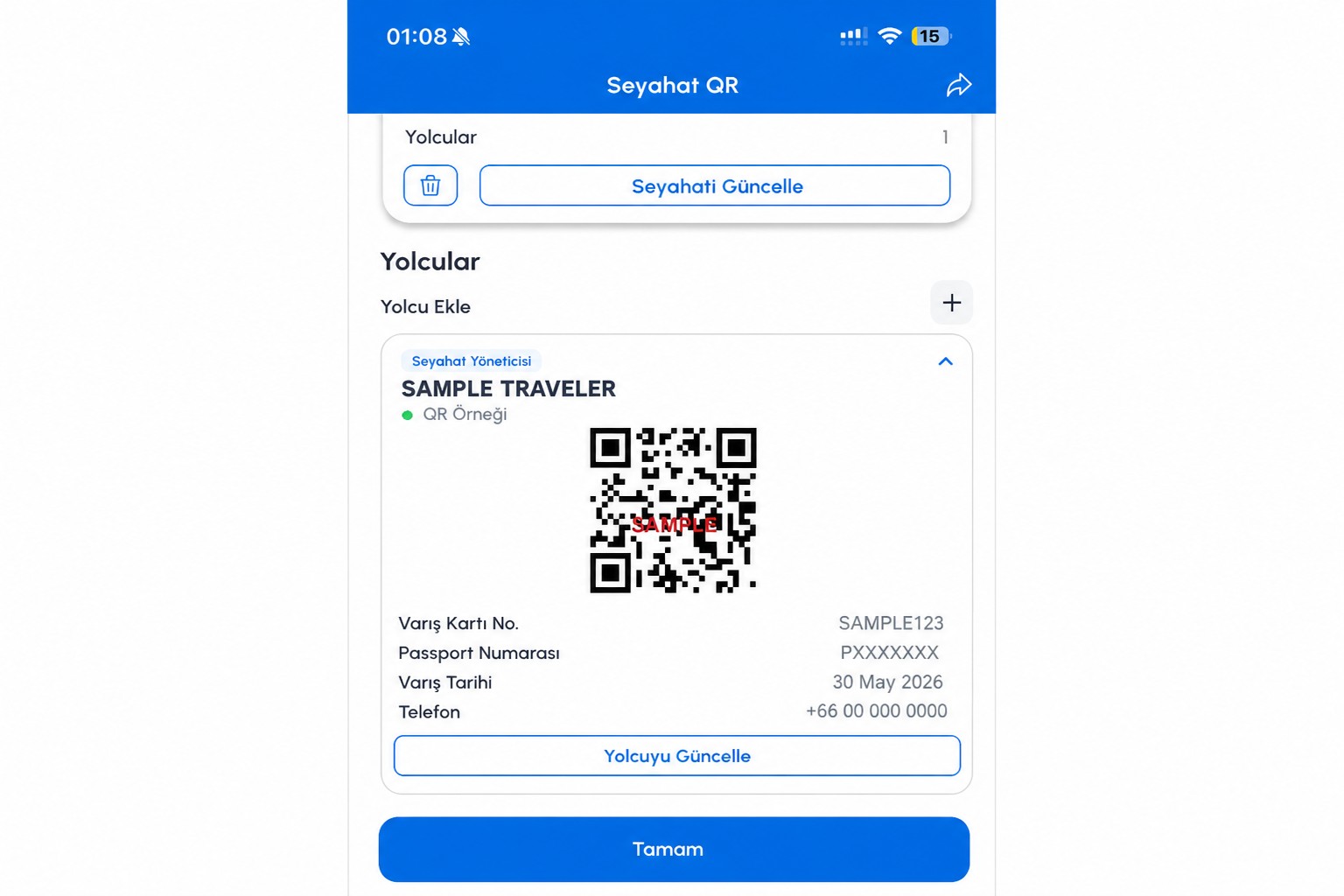 İşlevsel olmayan örnek QR kodu içeren temizlenmiş THIM QR ekranı