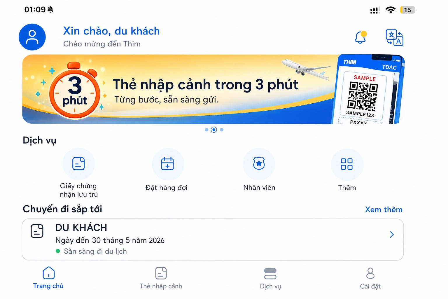 Màn hình chính THIM đã được làm sạch dữ liệu, hiển thị thẻ nhập cảnh và các dịch vụ