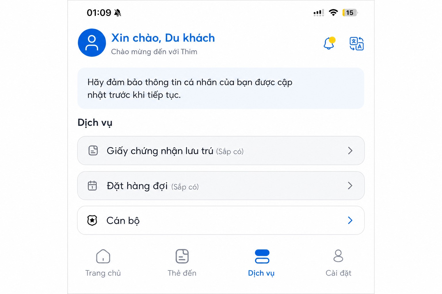 Màn hình dịch vụ THIM đã được làm sạch dữ liệu