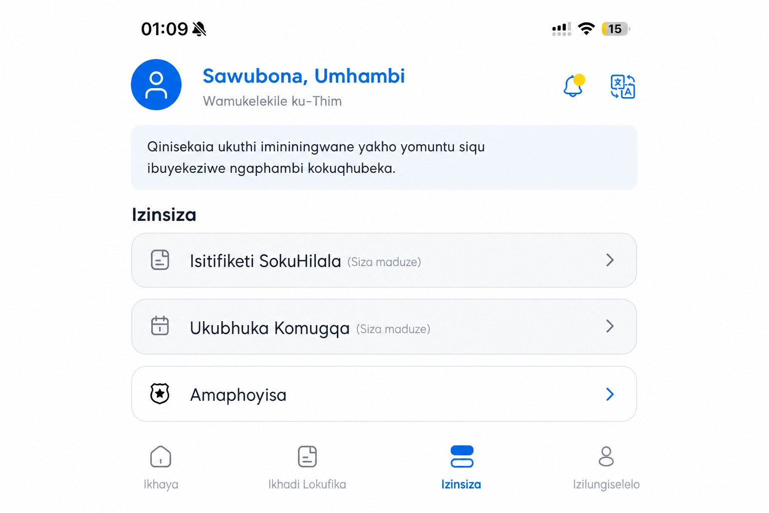 Isikrini sezinsizakalo se-THIM esihlanzwe